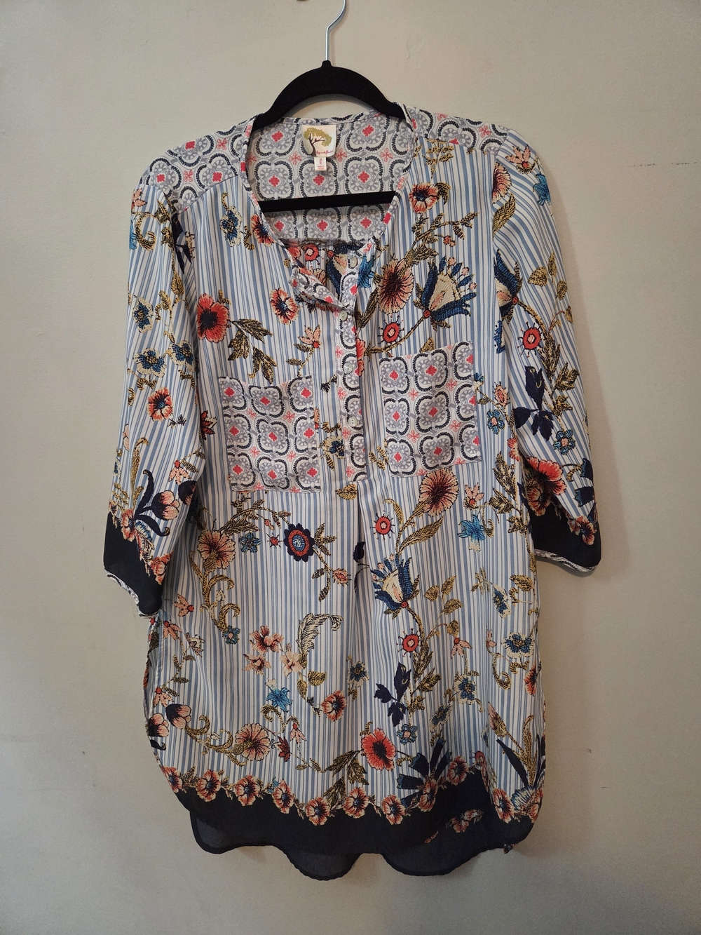 Anthropologie FIG&FLOWER Striped Floral Tunic with Coral and Navy Accents